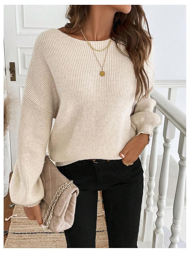MakeMeChic Women's Bow Sweater Tie Back Long Sleeve Crew
